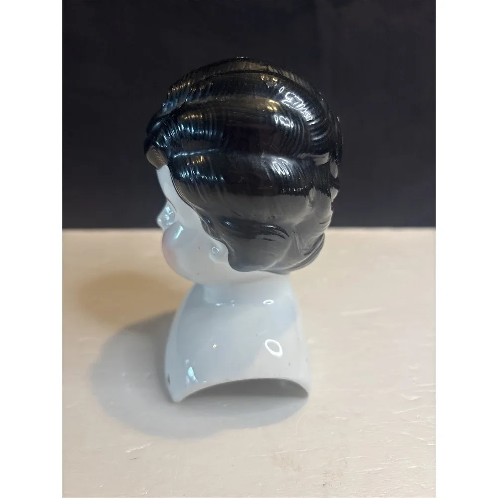 Antique German China Head Doll Head Black Curly Hair Blue Eyes Low Brow